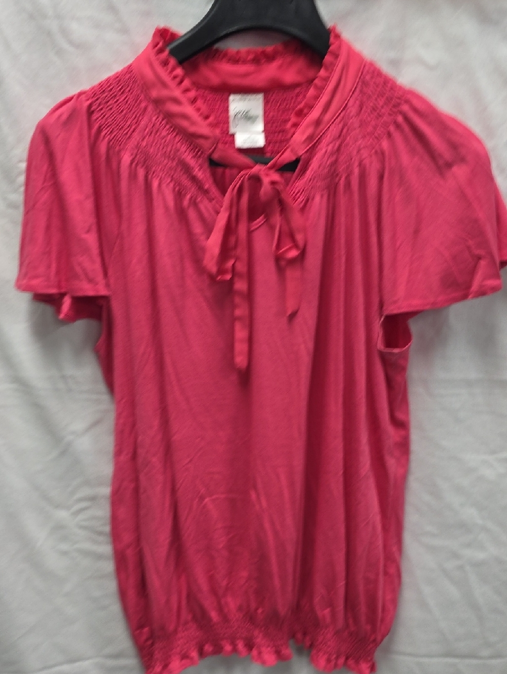 Market Fuchsia Tie-Neck Short Sleeve Blouse